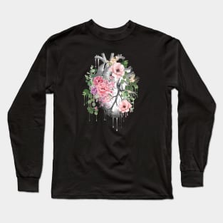 Heart Human Anatomy pink flowers and green leaves Long Sleeve T-Shirt